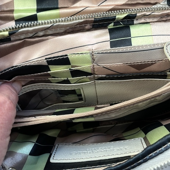 Tiganello Leather Crossbody Grey Zip Top Graphic Satin Lining Vintage SO CUTE - Picture 15 of 15